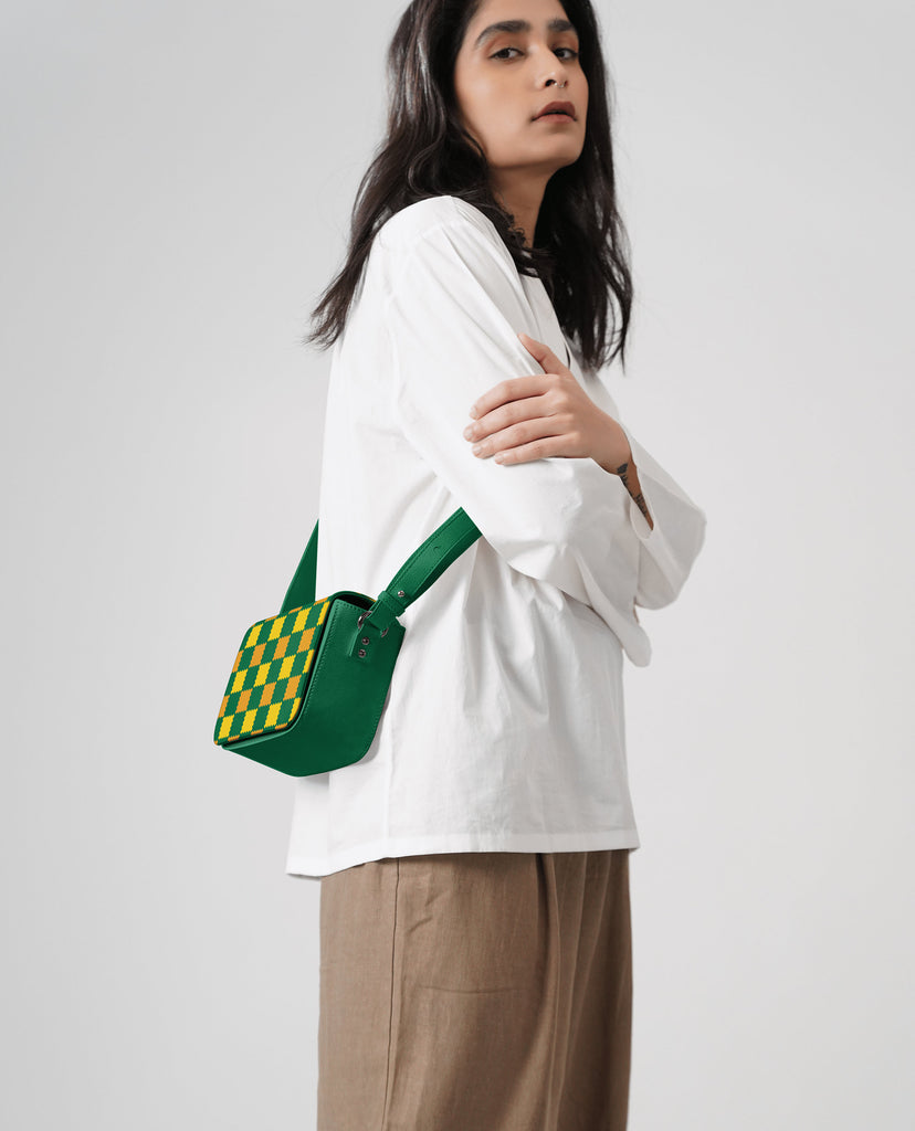 Women's Multi Green Checkerboard Sol Box Sling Bags